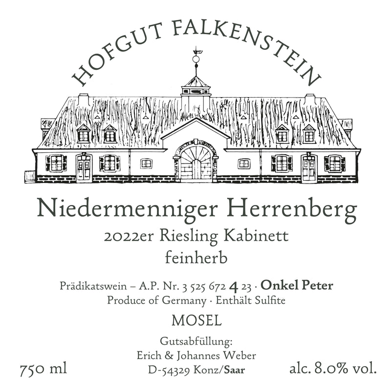 Hofgut Falkenstein Niedermenniger Herrenberg Kabinett feinherb AP 4 Onkel Peter 2022 Vorderetikett