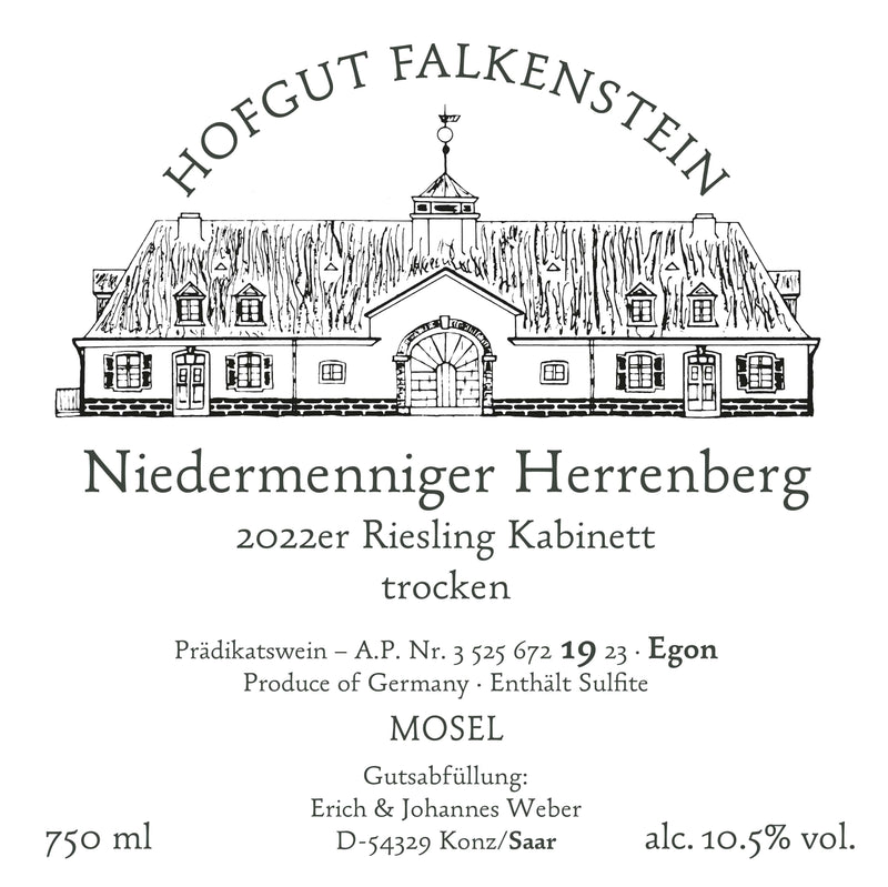 Hofgut Falkenstein Niedermenniger Herrenberg Kabinett trocken AP 19 Egon 2023 Vorderetikett