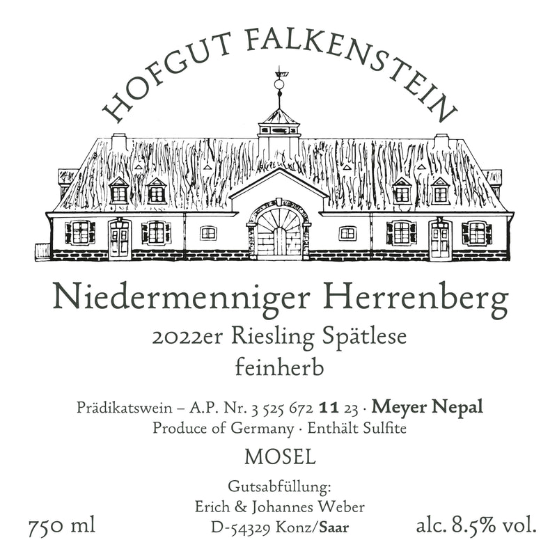 Hofgut Falkenstein Niedermenniger Herrenberg Spätlese feinherb AP 11 Meyer Nepal 2023 Vorderetikett