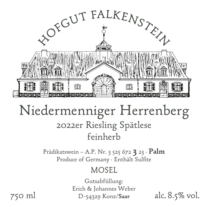 Hofgut Falkenstein Niedermenniger Herrenberg Spätlese feinherb AP 3 Palm 2022 Vorderetikett